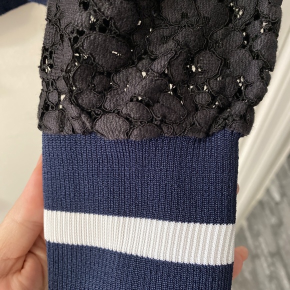 Zara Women's Navy Blue Lace Sporty Striped Long Sleeve Crew Neck Sweater - Picture 4 of 5
